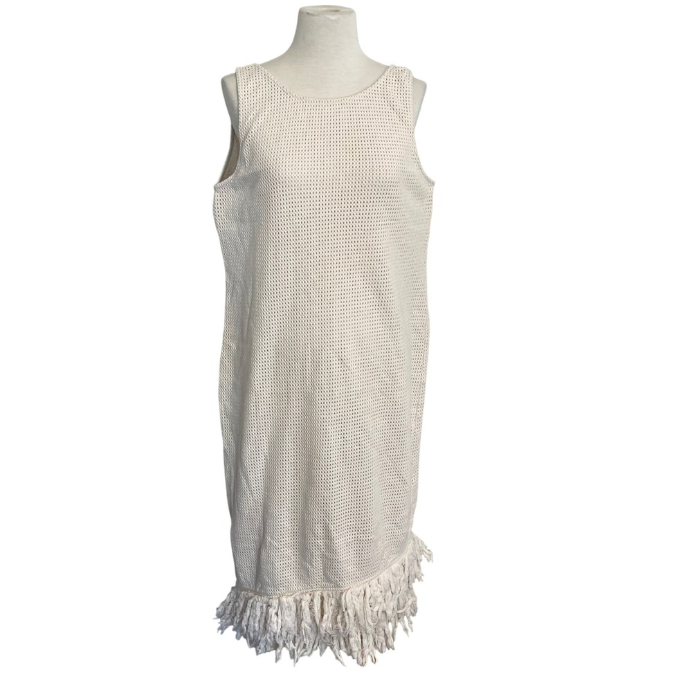 OAS Ecru Ari Slip Net Dress Sleeveless Fringe Hem Beach‎ Cover Up